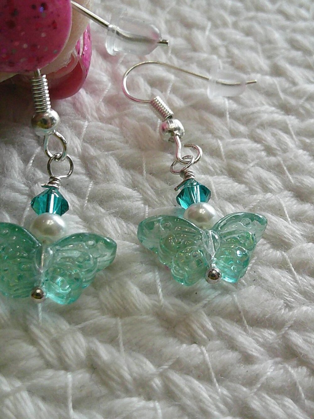 Whimsical TEAL BUTTERFLY with PEARLS & CRYSTALS Handmade Silver Earrings #887E